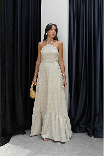 Havoş Φόρεμα μπεζ με λαιμόκοψη με κέντημα λουλουδιών