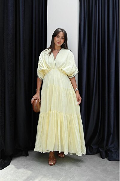 Havoş Yellow Contrast Pleated Long Dress