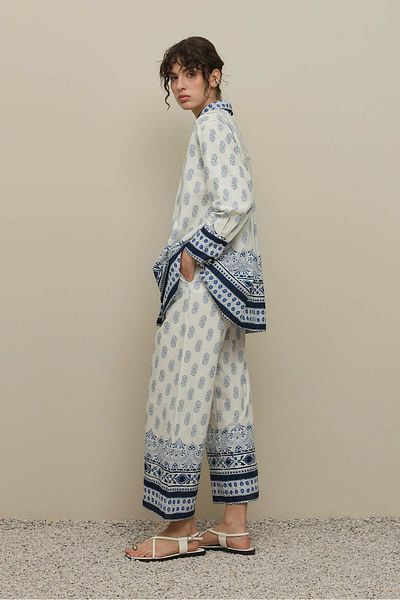 Fahhar Shawl Pattern Trouser Suit Blue