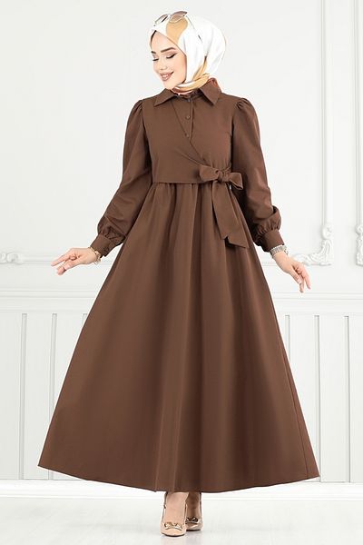ModaMerve Side Lace Hijab Dress 3348Cr1137-M Dark Brown