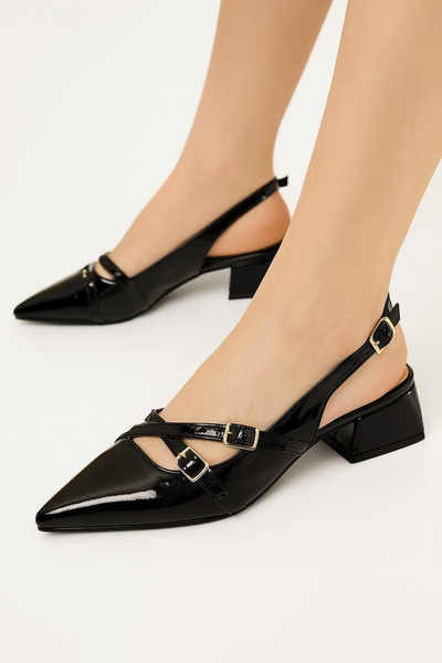 Vanessa Shoes çift bantlı toka detaylı siyah rugan kadın topuklu ayakkabı