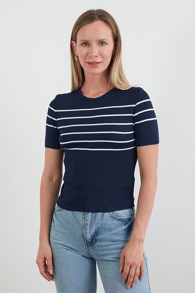 Fulla Moda Μπλούζα πλεκτή με ριγέ κορδόνι με λαιμόκοψη