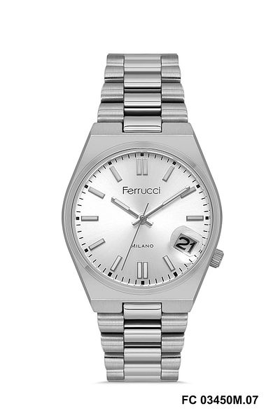 Ferrucci Calendar Dial Silver Color Metal Band Unisex Wrist Watch