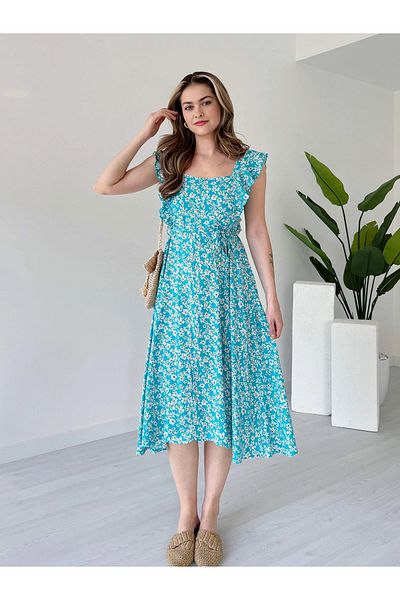 Dks Life Square Neck Floral Pattern Midi Length Viscose Dress with Gipsey Back, Elastic Waist and Lace-Up