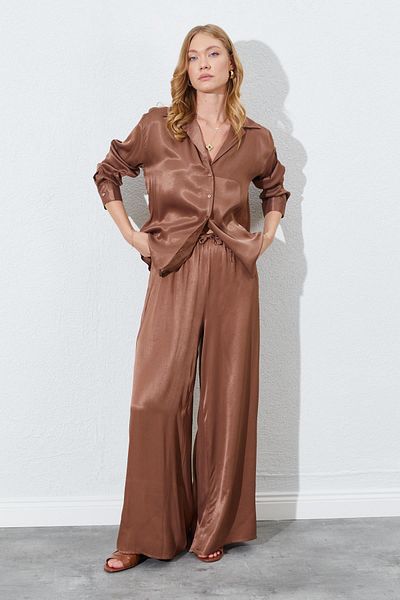 TENA Women's Brown Waist Slim Rubber Detailed Satin Trousers