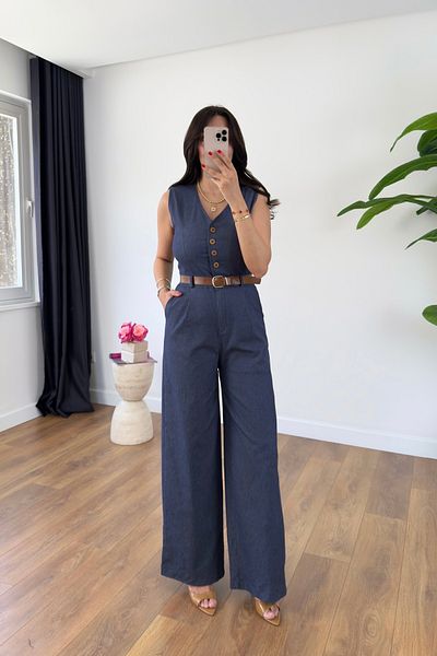 BİRCANÇİL Erica Blue V-Neck Buttoned Belt Detailed Jumpsuit
