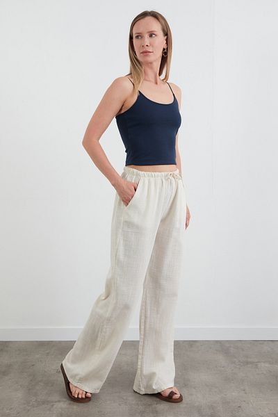 Fulla Moda Linen Palazzo Trousers with Tie Waist and Pockets