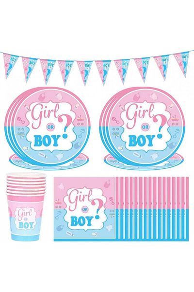 Berstzy party tableware, 34 pieces, cardboard, white/pink/blue
