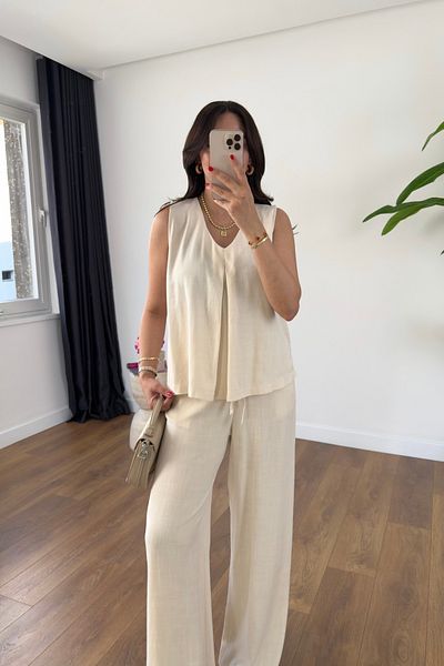 BİRCANÇİL Chester Stone Sleeveless V Neck Blouse Pants Suit