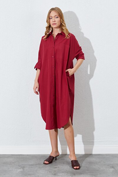 TENA Γυναικείο φόρεμα πουκάμισο μπορντό με διπλή τσέπη