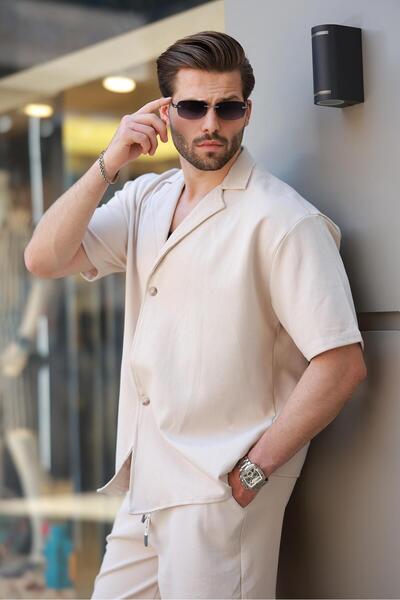 Madmext Beige Basic Men's Shorts Shirt Suit E7311