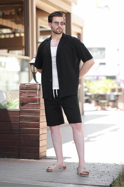 Madmext Black Basic Men's Shorts Shirt Suit E7311
