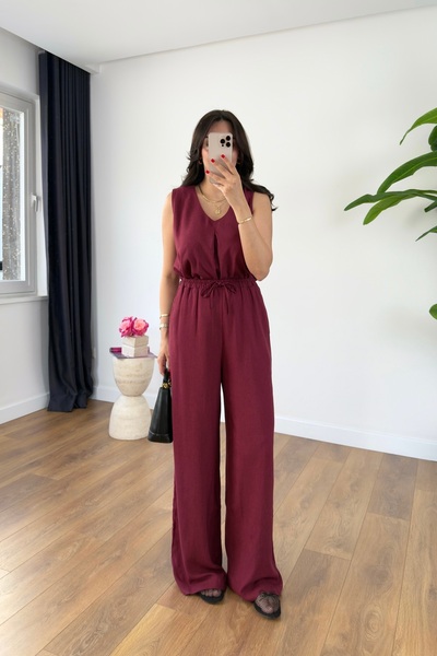 BİRCANÇİL Chester Burgundy Sleeveless V Neck Blouse Pants Suit
