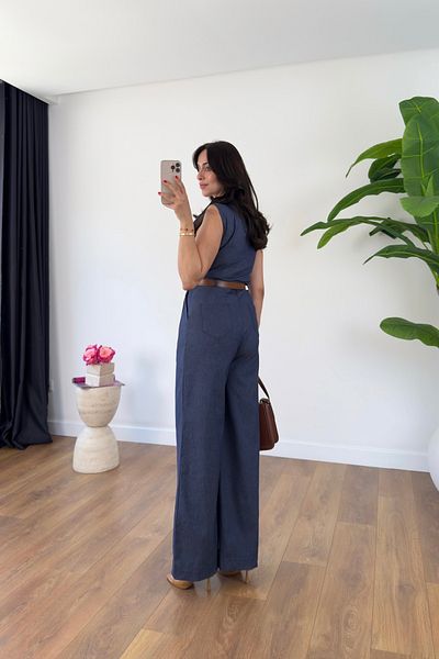 BİRCANÇİL Erica Blue V-Neck Buttoned Belt Detailed Jumpsuit