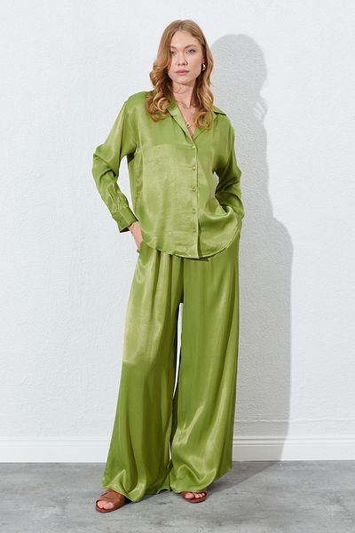 TENA Women's Oil Green Slim Waist Rubber Detailed Satin Trousers