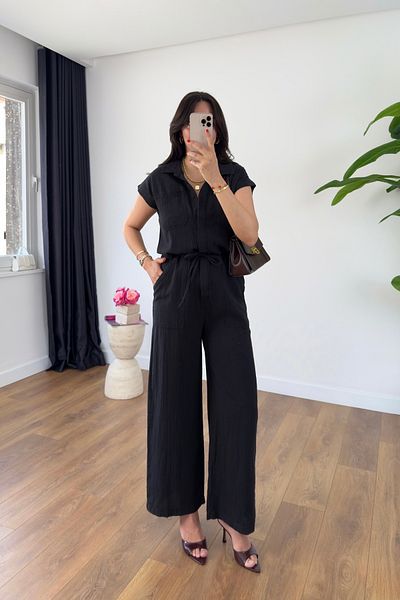 BİRCANÇİL Oswin Black Waist Drawstring Detailed Linen Jumpsuit