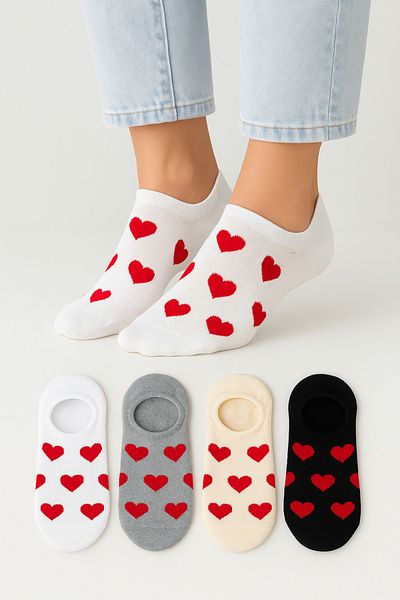 KaeLaurean Women's Seamless Soft Cotton Heart Patterned 4-Piece Sneakers Socks