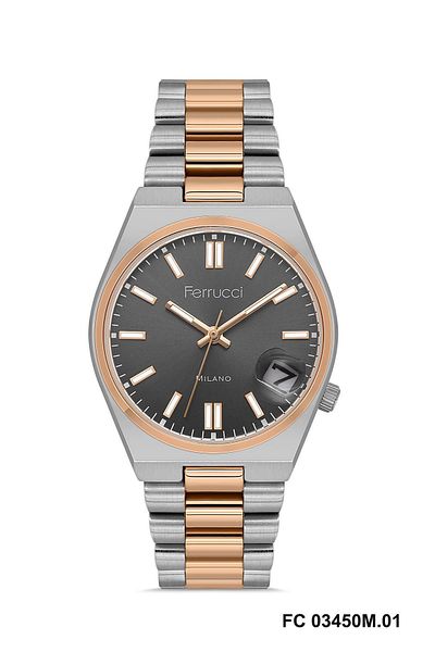 Ferrucci Black Dial Two Color Metal Band Unisex Wrist Watch with Calendar