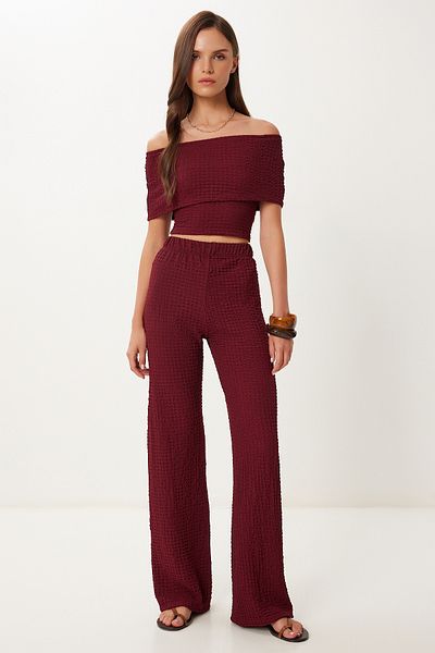 Lovelyİstanbul Textured Blouse Pants Set Bordo Lzv0014