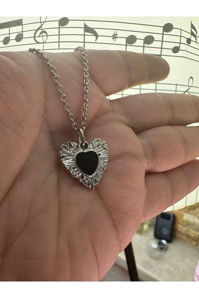 Herşey Nota Black Stone Heart Figured Women's Necklace – Gothic Elegance, 60 cm Chain