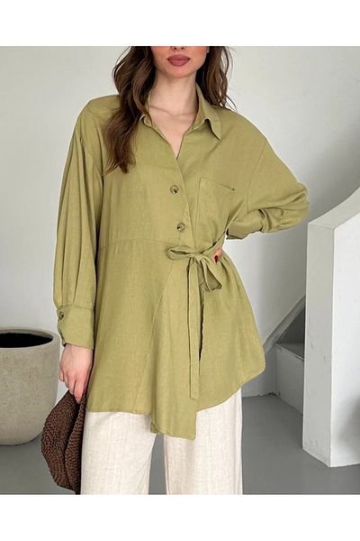 My Blog Khaki Cross Buttoned Shirt with Belt - 5258