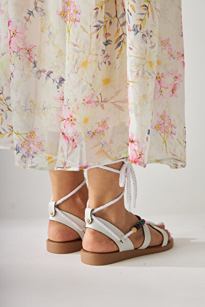 Limoya Nina White Beaded Detailed Ankle Strap Flip-Flop Women's Sandals Opportunity Product