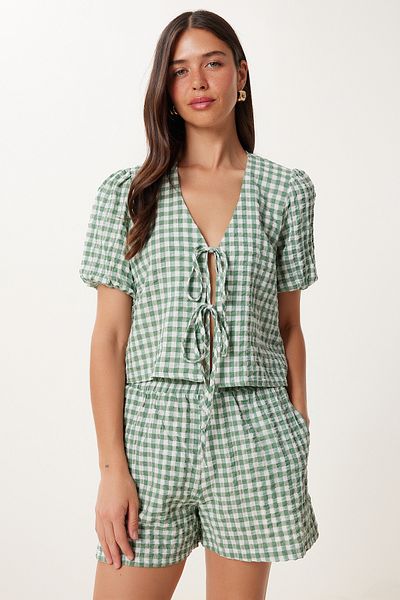 Lovelyİstanbul Checkered Blouse Shorts Woven Suit Green Lfk0016