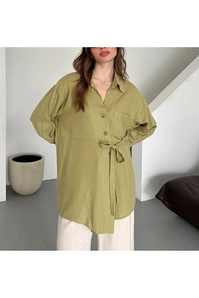 My Blog Khaki Cross Buttoned Shirt with Belt - 5258