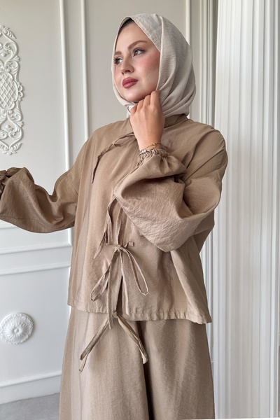 InStyle Milk Brown Suit with Tie Detail Skirt