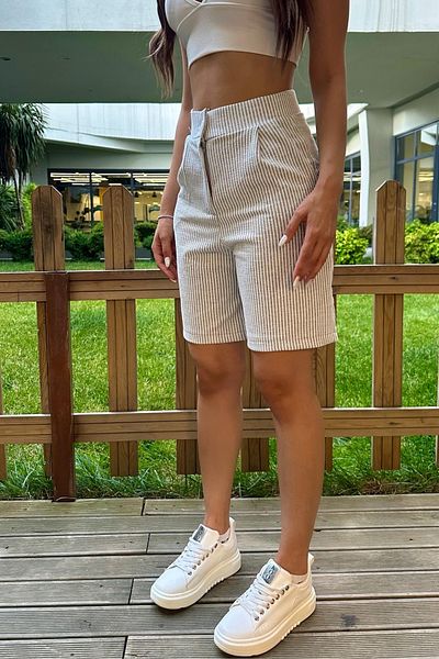 BİKELİFE Women's Linen Blend Comfortable Flowing Striped Shorts