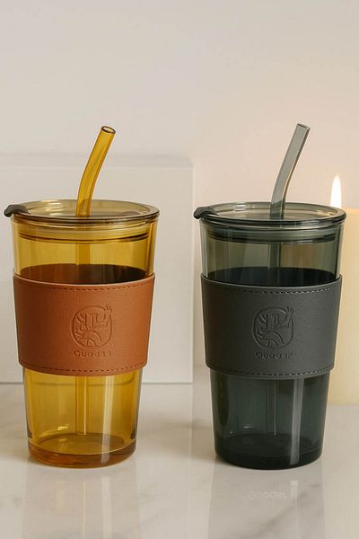 Anadolu Saray Heat Resistant Borosilicate Retro Leather Stripe Cup with Straw |   Coffee Presentation Cup - 1 Piece