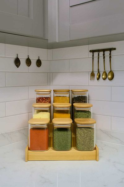Pembishayatlar Countertop Vacuum Bamboo Lid Glass Spice Set 9Lui