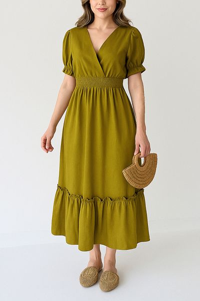 MILANOFOX Women's Oil Green Double Breasted Collar Gipeli Muslin Dress - Short Sleeve Summer Casual Midi Dress