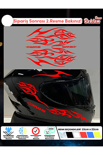 Onur Reklam Alev Desenli Kask Sticker Seti – 6 Parça (SHARK Yazılı, Suya Daya...