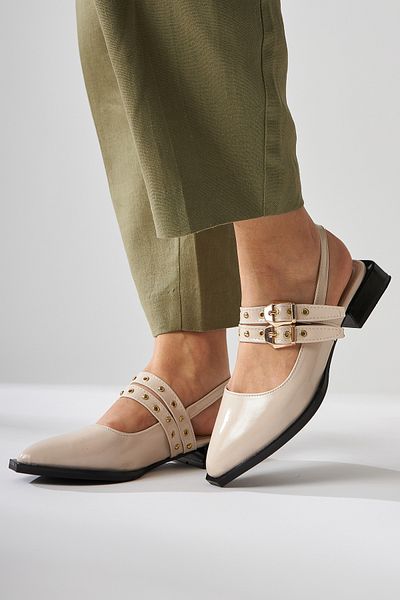 Limoya Siran Beige Patent Leather Double Strap Women's Sandals
