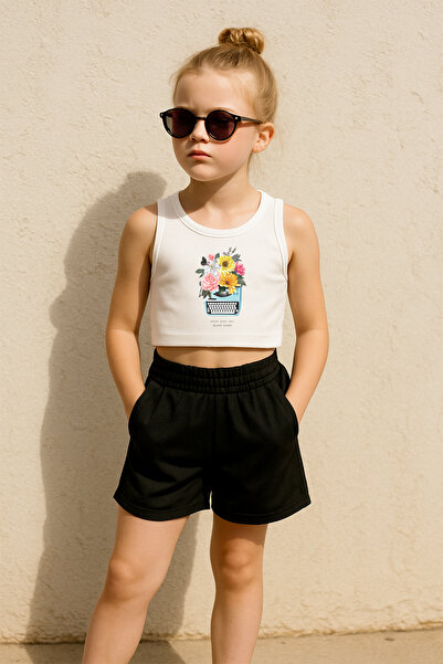TARZ STİL طقم شورت قصير مطبوع عليه ماكينة كاتبة زهور صيفية للفتيات 16428