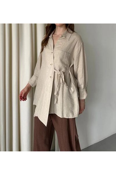 My Blog Natural Cross Buttoned Shirt with Belt - 5258