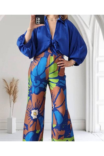 GLAMSI Floral Print Satin Set – Wide Leg Pants & Elegant Top