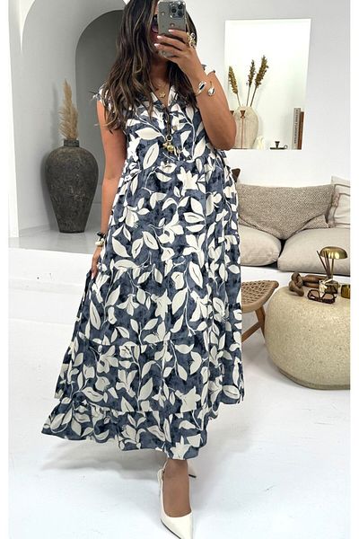Sohotique By P Patterned Japanese Sleeve Viscose Dress Navy Blue