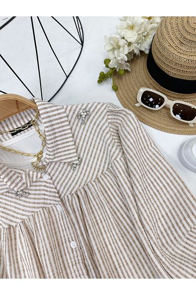 YEDİLALE Stone Robali Striped Summer Long Sleeve Tunic