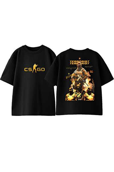 Anetos Tricou CsGo T față spate cu imprimeu bumbac negru supradimensionat