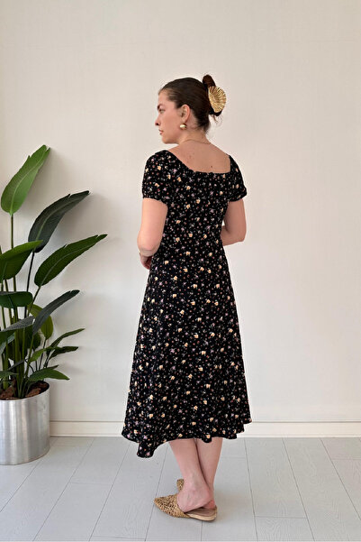 Dks Life Boat Neck Tie Front Floral Patterned Chest Gathered Midi Dress