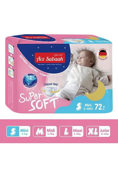 Ace Sabaah Super Dry Diaper, Soft Feel, Natural Comfort, Small Size 2, 3-6Kg, Mega Pack