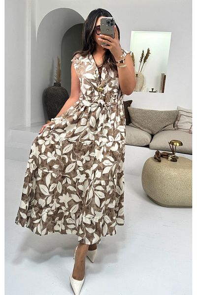Sohotique By P Patterned Japanese Sleeve Viscose Dress Beige
