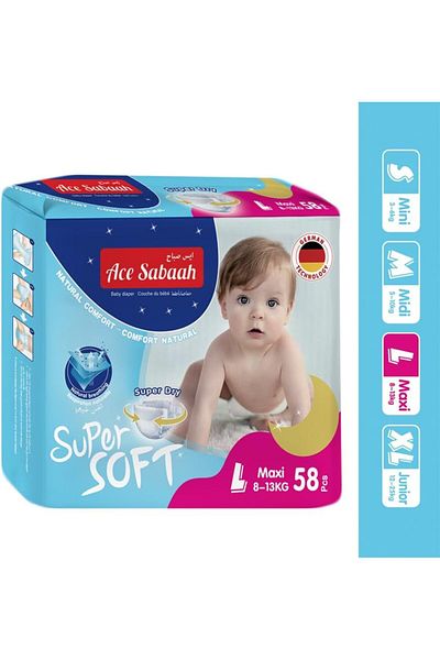 Ace Sabaah Baby Super Dry Diapers, Soft Feel, Natural Comfort, 1 Pack 58 Pcs, Large 8-13kg, Diaper M