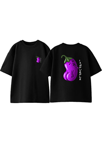 Anetos Огромна черна памучна тениска с принт на патладжан отпред и отзад