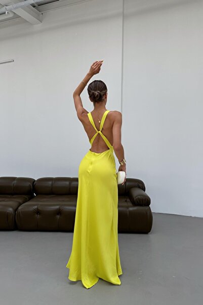 mylove Sırtı Çapraz Saten Elbise Sarı