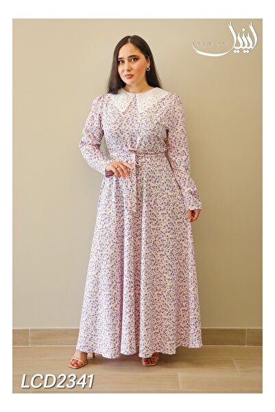 LINELLE فستان كاجوال - ماكسي مزهر على شكل حرف A مع ياقة كروشيه متباينة اللون ...