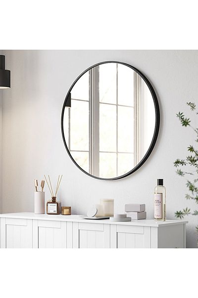 SONGMICS Wall Mirror, Round Mirror, Bathroom Mirror, Diameter 61 Cm, Metal Frame, Black