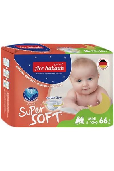 Ace Sabaah Super Soft Dry Diapers, Natural Comfort, Size 3, Medium 5-10kg, 1 Pack 66 Diaper Mega Pac